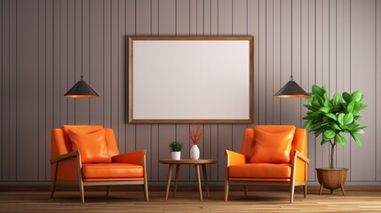 Fototapeta premium Two orange armchairs and a poster for the modern living room interior design, using wood wall panelling. A sideboard, pendant lamps, coffee tables, a window and parquet. Mockup.