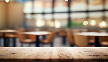 Empty top wooden table with a blurred bokeh background of coffee shop - For product display