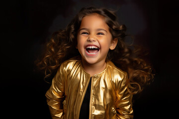 Photo of Caucasian girl in gold clothes on brown background smiling