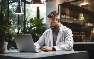 Doctor is working with laptop computer in a modern medical workspace office