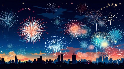 A joyous celebration illuminated by dazzling fireworks against the night sky