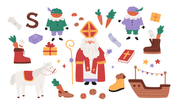 Sinterklaas holiday elements. Saint Nicholas, little piet, cute horse, ship, cookies and carrots in shoes, gift boxes, drawing in boot. Chocolate letter. Vector illustration set. Traditional character