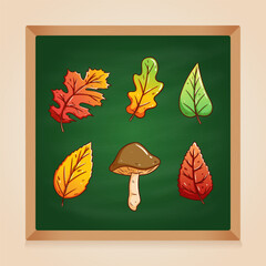 colorful autumn leaves on green board. hand drawing maple leaf collection
