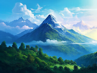 Naklejka premium Natural landscape with river, mountains and forest