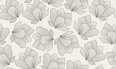 Flowers Line Art Seamless Pattern. Floral Pattern with Flowers in Modern Linear Style. Repeat Background. Trendy Floral Pattern For Beauty Design, Printing, T-shirts, Fabric, Surface Design. Vector