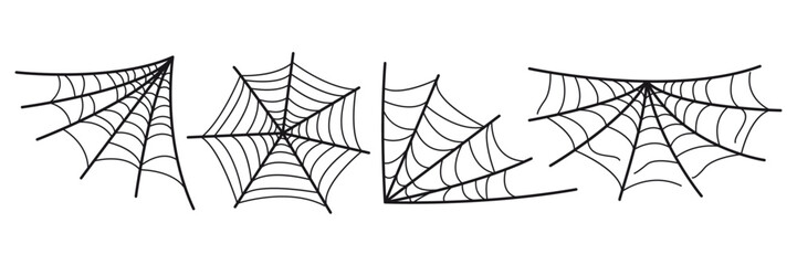 Fototapeta premium Vector Minimalist Linear Set of Spider Web Black Sketch Isolated on White Background. Spider Web Collection for Halloween Design.