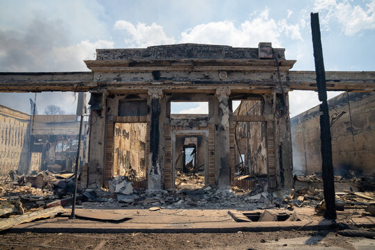 Burnt out remains of  Lahaina, Maui, Hawaii the morning after the devastating fires.  Image taken on August 9, 2023.