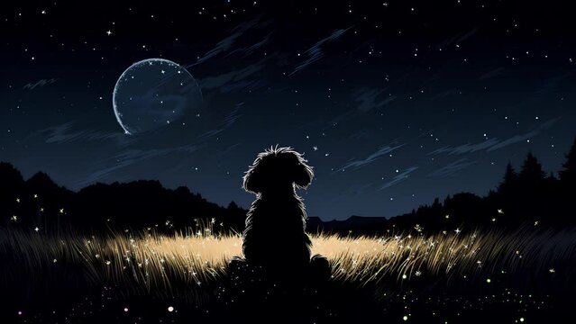 silhouette of cute dog sitting at night enjoying the sky full of stars. animated cartoon style videos.