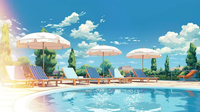swimming pool at the hotel with relaxing seating and umbrellas for shade against the clear sky. Seamless looping animated background.