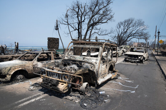 Burnt out remains of  Lahaina, Maui, Hawaii the morning after the devastating fires.  Image taken on August 9, 2023.