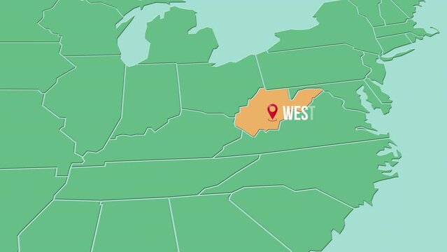 Mapa de los Estados Unidos de Am&eacute;rica con divisi&oacute;n pol&iacute;tica resaltando el estado de West Virgina