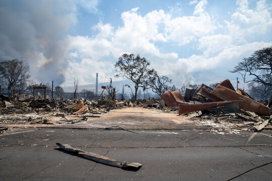 Burnt out remains of  Lahaina, Maui, Hawaii the morning after the devastating fires.  Image taken on August 9, 2023.