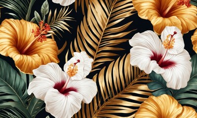 Tropical seamless pattern with golden vintage palm leaves, hibiscus flowers, banana leaves. Hand-drawn premium 3D illustration. Glamorous exotic background. luxury wallpapers, cloth, Generative AI