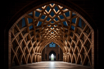 A Dimly Lit Geodesic Wooden Corridor