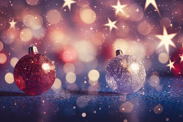 Christmas glass balls on the blurred background with bokeh. Winter holidays greeting card.
