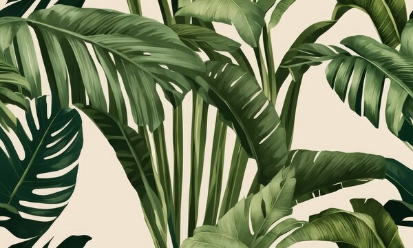 Tropical background, seamless border, luxury wallpaper, pattern. Vintage green and beige banana leaves, palms, jungle. Hand-painted watercolor 3d illustration. Dark premium mural, glam, Generative AI