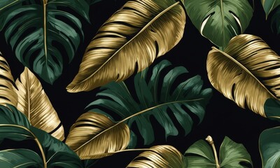 Tropical exotic seamless pattern with golden green banana leaves, palm on night dark background. Premium hand-drawn textured vintage 3D illustration. for luxury wallpapers, cloth, fabric,Generative AI - obrazy, fototapety, plakaty