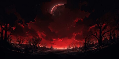 A mysterious and striking image of a dark red moon hanging in the vast expanse of a dark and starry night sky, creating an eerie and captivating scene - obrazy, fototapety, plakaty