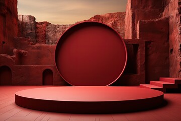 red podium for product display in the desert. 3d rendering.