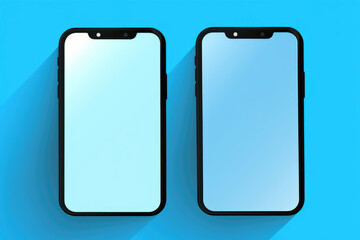 Two black smartphones with long shadow are displayed on vibrant blue background. This versatile image can be used to showcase modern technology, communication, or latest smartphone trends.