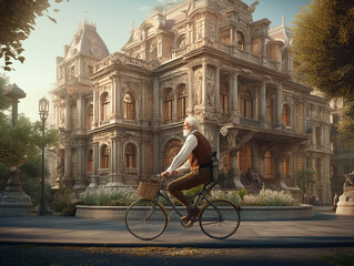 Fototapeta premium old man riding a bicycle in front of a classic building