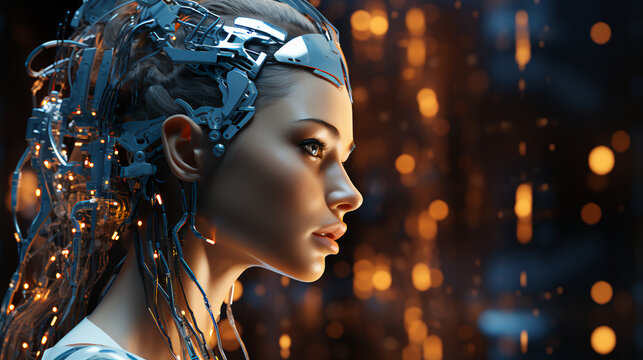 Beautiful face of a futuristic hi-tech cyborg robot woman. Connecting man and computer with artificial intelligence in the future of humanity