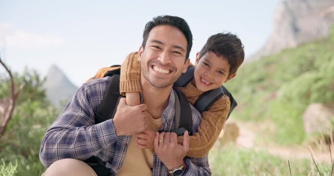 Face, hug and father hiking with boy child in nature with love, adventure and fun outdoor together. Happy family, portrait and kid embrace dad in a park with backpack for trekking, travel or freedom