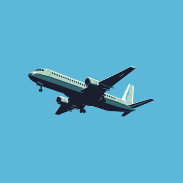 Retro style clipart of airplane flying, taking off, landing. Isolated vector illustration of aircraft in the sky for cargo or passenger transportation 