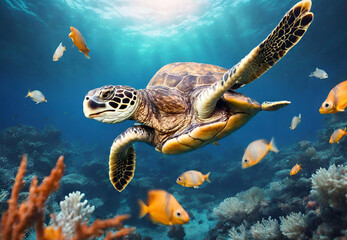 Obraz premium green sea turtle swimming underwater, Graceful Green Sea Turtle Gliding Through Ocean Depths