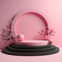 Decorated with a stage podium and flowers for product display and introduction on a pink background, Generative AI