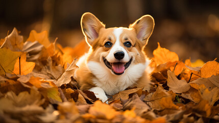 Home pet, cute corgi puppy lies in autumn leaves in park. Love care for animals, walking training dogs outdoors