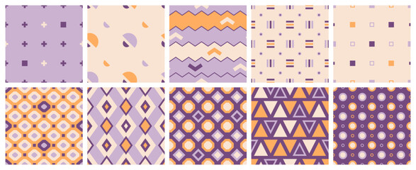 Geometric seamless patterns collection in retro style. Simple shapes and forms in ordered composition. Vector illustration in purple, beige and yellow vintage colors.