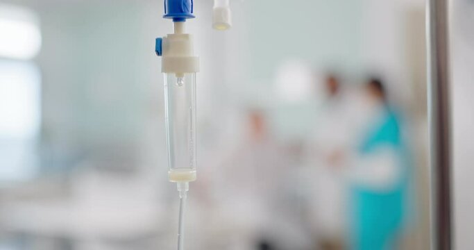 IV drip, liquid and medicine in a hospital for healthcare, virus or help in an emergency. Health, clinic and a fluid, solution or drug for medical treatment, therapy or infusion for a disease