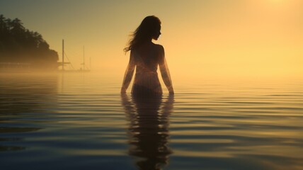 Fototapeta na wymiar Woman in Yoga Full Body Backlit Pose in the breath taking Ocean. Generative AI image weber.