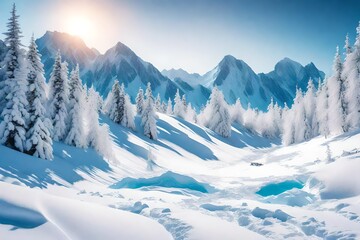 Fototapeta na wymiar A card with a snowy mountain landscape.