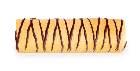 Tasty sponge cake roll on white background