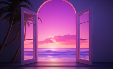 Open window with tropical landscape and ocean in vaporwave style. Purple sundown in 90s style room, vacation calmness frame.