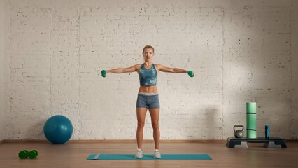 Healthcare creative advertisement concept. Woman fitness coach in the room doing split rise with dumbbells.