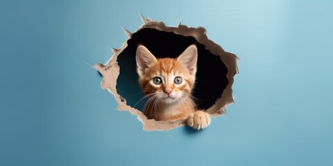 Cute Kitty peeking out of a hole in wall, torn hole, empty copy space frame, mockup. Generative AI image weber.
