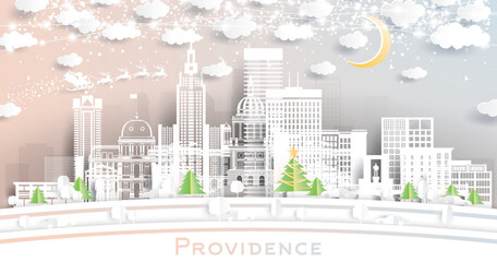 Providence Rhode Island USA. Winter City Skyline in Paper Cut Style with Snowflakes, Moon and Neon Garland. Christmas, New Year Concept. Santa Claus. Providence Cityscape with Landmarks.