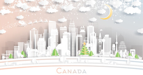 Canada. Winter City Skyline in Paper Cut Style with Snowflakes, Moon and Neon Garland. Christmas and New Year Concept. Santa Claus on Sleigh. Canada Cityscape with Landmarks. Ottawa.