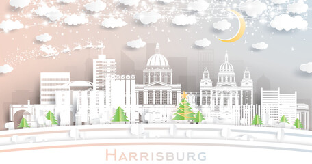 Harrisburg Pennsylvania USA. Winter City Skyline in Paper Cut Style with Snowflakes, Moon and Neon Garland. Christmas, New Year Concept. Santa Claus. Harrisburg Cityscape with Landmarks.