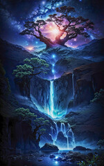 Magical illustration of the Tree of life in starry space with waterfall 