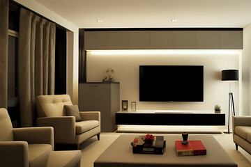 Modern TV on cabinet, armchair and lamps indoors. Interior design. Modern living room