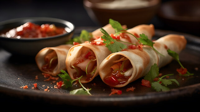 Tasty asian chicken spring rolls on plate with sauce. close up food photo