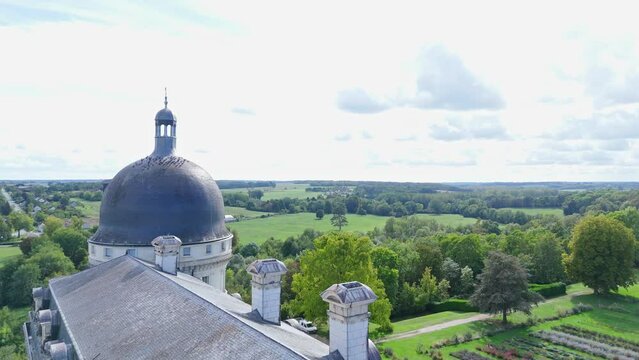 Aerial close up view of Valen&ccedil;ay Castle roof, France.