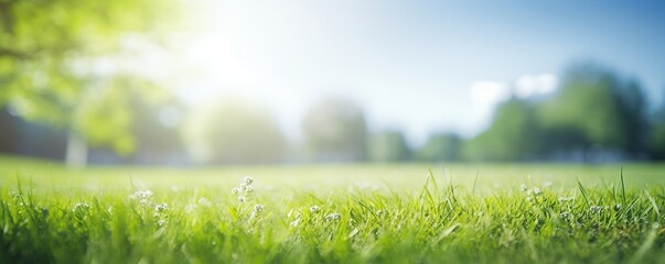blurred background image, nature green grass with lawn surrounded by trees, blue sky with clouds on a sunny day