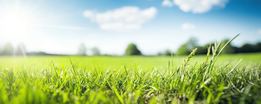 blurred background image, nature green grass with lawn surrounded by trees, blue sky with clouds on a sunny day