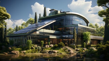 Fototapeta premium Green office building in a modern metropolis. Glass building with green tree branches and leaves to reduce carbon dioxide. Concept