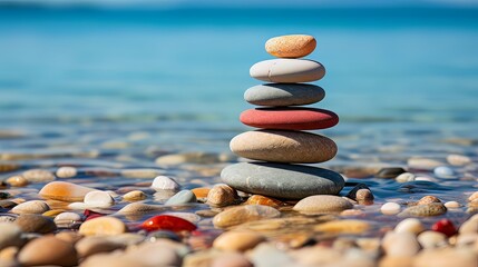 Pile of smooth stones stacked on a pebbly beach, symbolizing balance and stability, with the ocean backdrop - obrazy, fototapety, plakaty